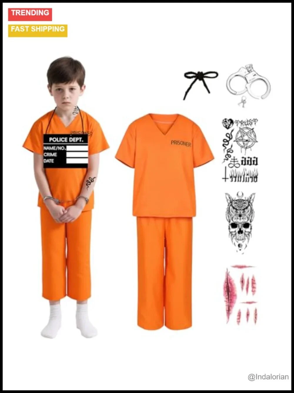 Kids Prisoner Costume Halloween Jail Inmate Outfit with Handcuffs and Tattoo